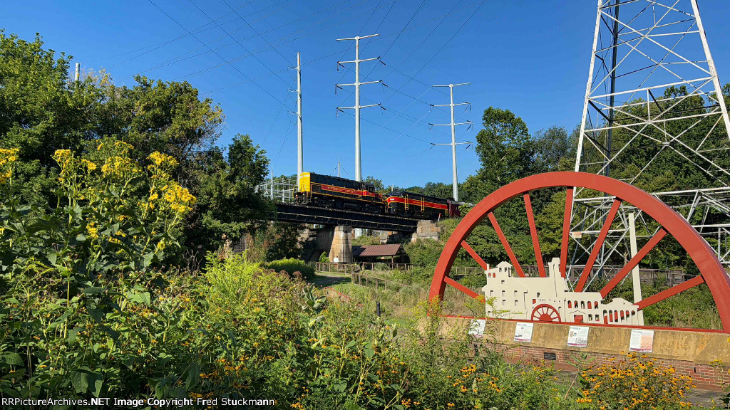 CVSR 365 leads the first train of the day into Akron.